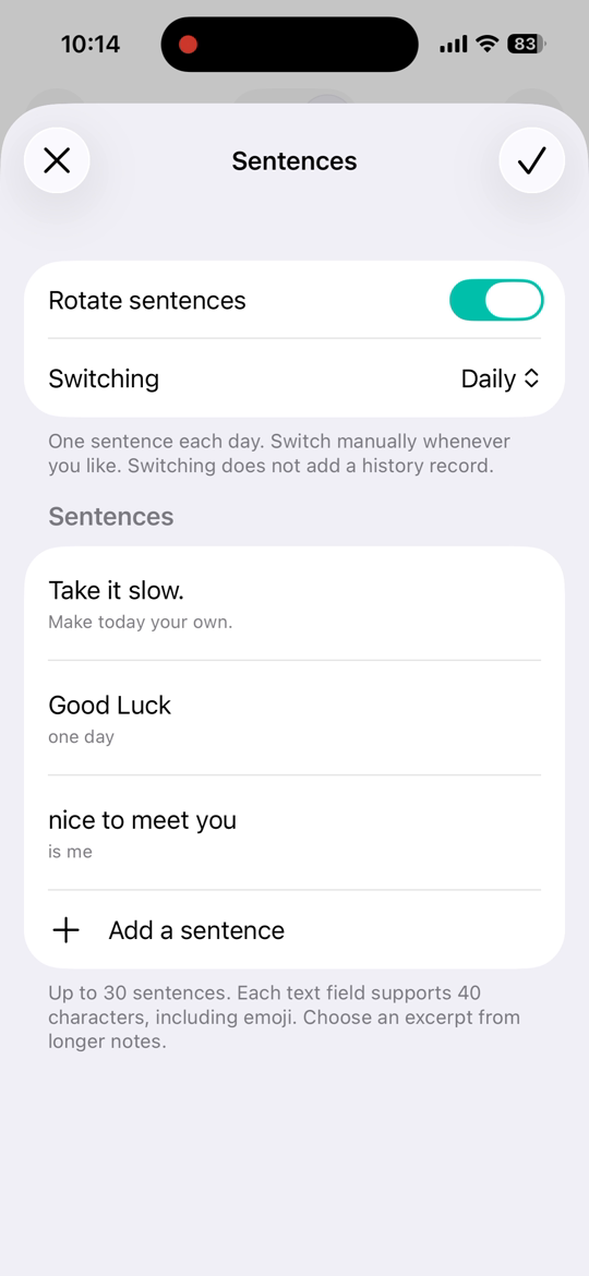 真实 iPhone 录屏中的 Flowment 句子管理页，三条已保存短句及已开启的每日轮换