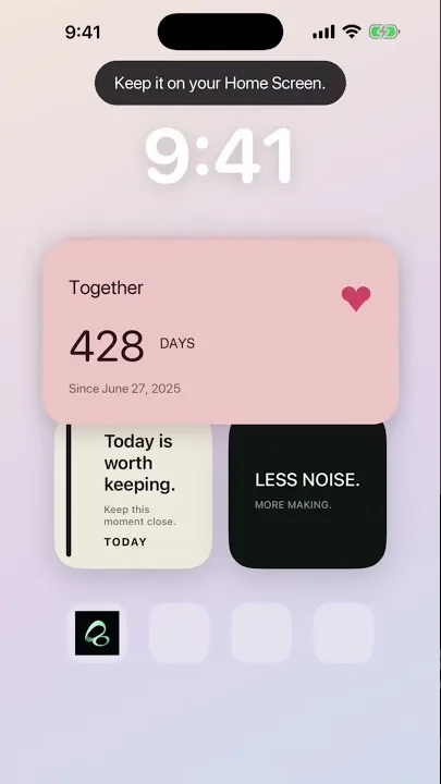 Flowment 英文 iPhone 主屏幕截图，显示 Together 与 428 天卡片