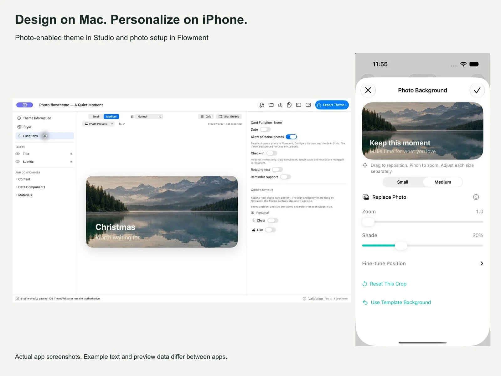 真實 Flowment Studio 編輯器與 iPhone 照片背景設定的並排對照