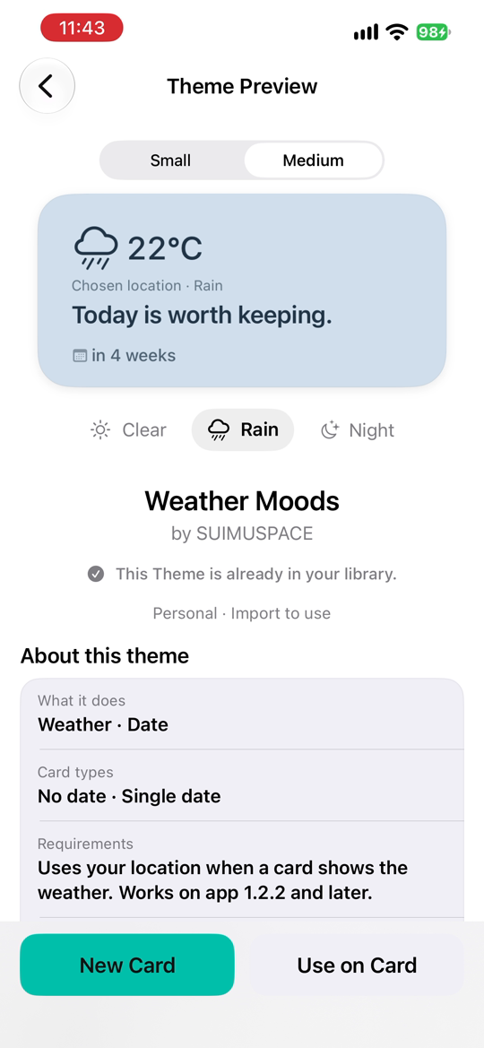 真实 iPhone 录屏中的 Flowment 天气心情雨天主题预览，使用示例天气